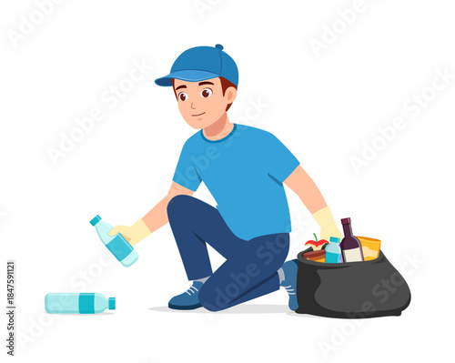 Smiling Young Man Volunteering Cleaning Up Waste Picking Plastic Bottles with a Trash Bag