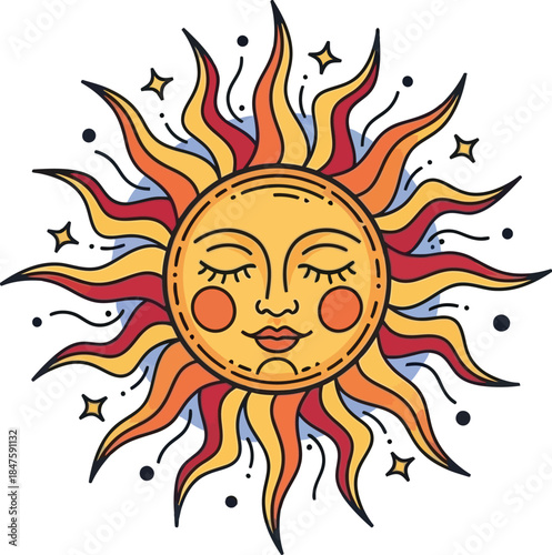 Smiling sun with vibrant rays and stars