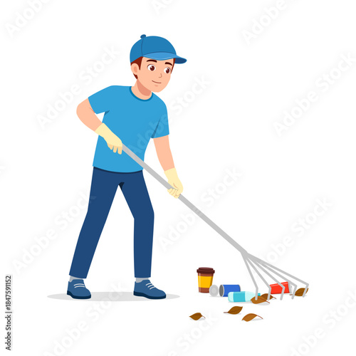 A young smiling man wearing a blue cap and gloves raking leaves and trash outdoors cleaning environment