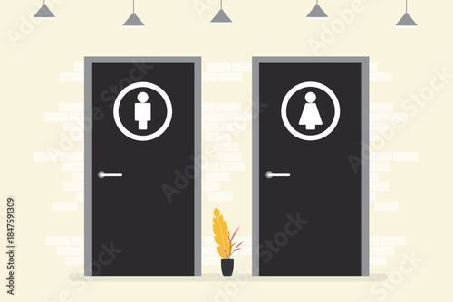 Restroom doors, male and female toilet, bathroom with wall. Artistic design of public restroom. Empty interior, mockup. Abstract concept of lady and gent lavatory.