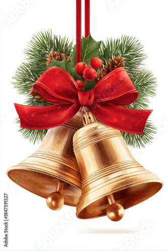 Golden bells with red ribbon and pine branches create festive Christmas decor