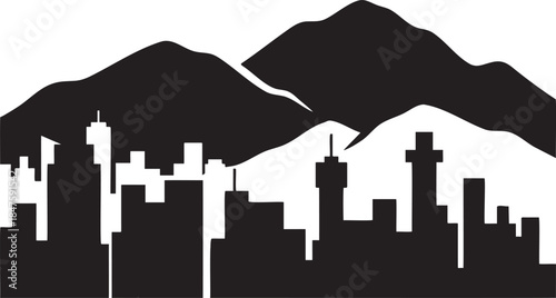 Black silhouette of a mountain range behind a city skyline white