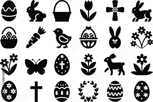Easter religious and spring icon set silhouette style with cross bunny egg symbols isolated on white background vector illustration