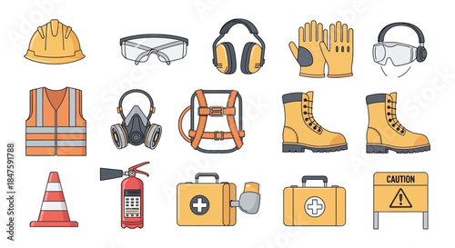 Safety Equipment and Protective Gear Icons Set.