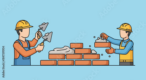 Two Construction Workers Building Brick Wall.
