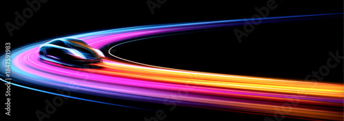 Transparent neon speed lines flow across a night city highway. Glowing light trails and curls visualize fast motion and digital acceleration. Futuristic abstract design in vector.
