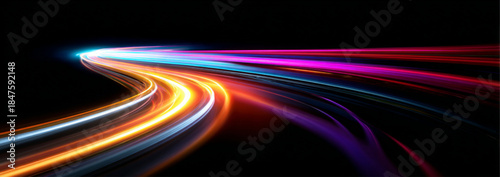 Neon speed lines spiral across a high-speed night city road. Flowing light trails illustrate dynamic motion and futuristic energy. Modern technological illustration presented in vector. 