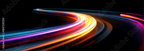 Abstract neon speed lines spiral across a night-time city street. Glowing light ribbons highlight rapid motion and futuristic energy flow. Modern digital illustration isolated in vector.