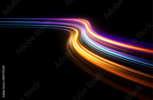 Transparent neon speed lines flow across a night city highway. Glowing light trails and curls visualize fast motion and digital acceleration. Futuristic abstract design in vector.