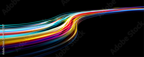Bright neon speed lines curl along a high speed night highway. Flowing light trails visualize acceleration and digital energy. Futuristic abstract design presented in vector.