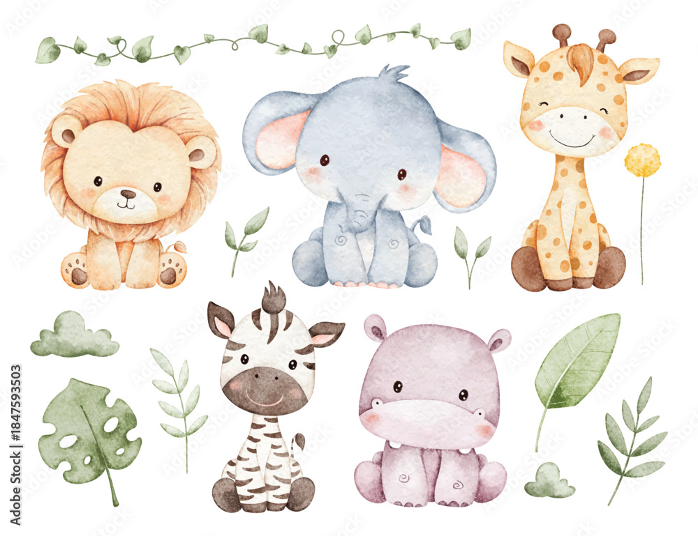 Naklejka premium Watercolor Illustration Set of Safari Animals and Tropical Leaves