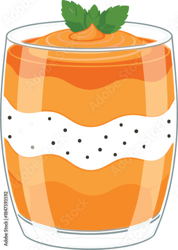 Layered Orange and White Dessert Vector Parfait in a Glass, Garnished with Mint, Perfect for Food Blogs, Recipe Books, Menus, and Healthy Drink Graphics.
