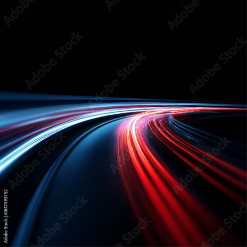 Neon speed lines rush through a dark city road directed to the right. Flowing glowing trails emphasize acceleration and motion depth. Futuristic night scene with dynamic neon light vector.