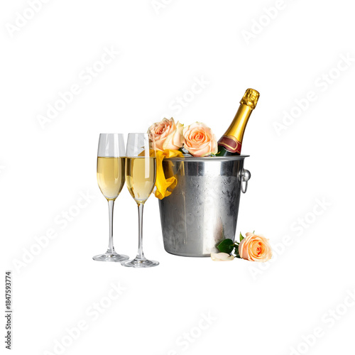 Champagne bottles and glasses are placed separately in an ice bucket, with white wine on a white background