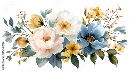 Pastel colored peonies and blue flower with green leaves on white background flowers