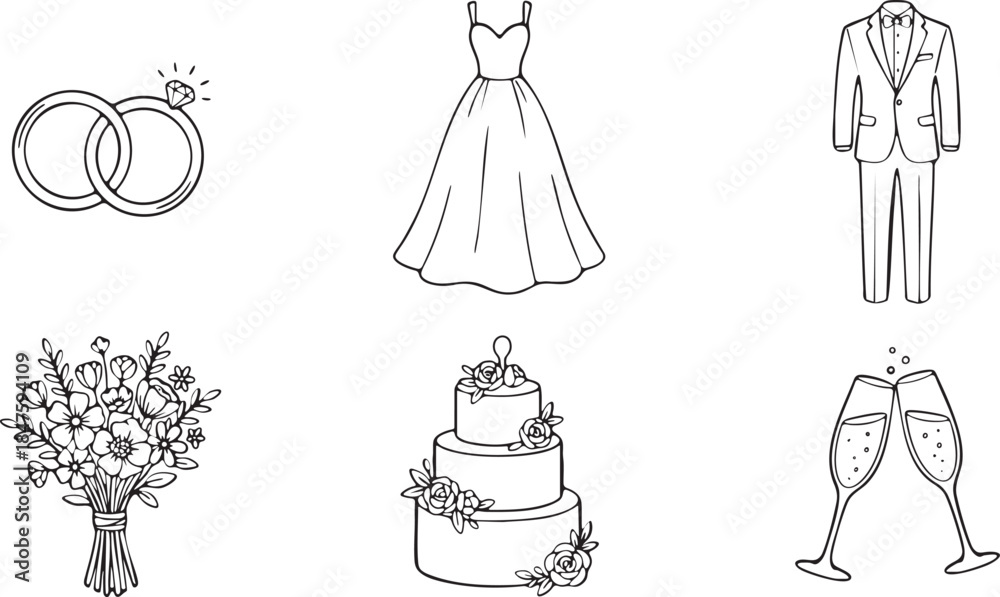 Naklejka premium Wedding celebration icons featuring rings dress suit bouquet cake champagne glasses diamond engagement