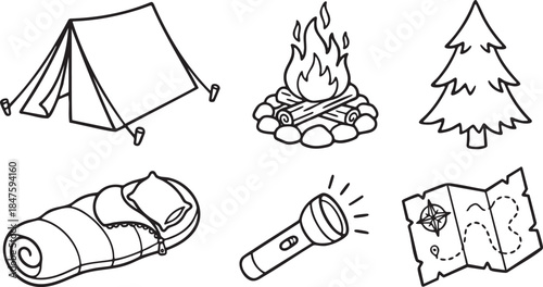 Black and white line art icons of camping equipment and nature elements tent campfire