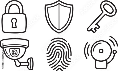 Collection of six black outline security icons including padlock shield key camera fingerprint and alarm