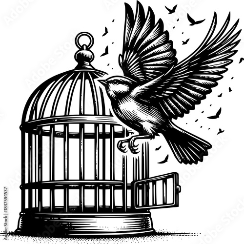 Bird in vintage metal cage vector illustration on white background