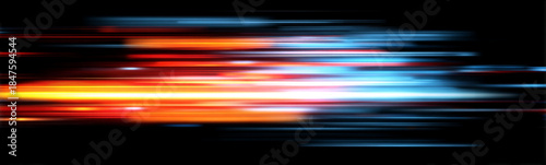 Neon speed lines rush through a dark city road directed to the right. Flowing glowing trails emphasize acceleration and motion depth. Futuristic night scene with dynamic neon light vector.