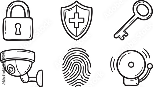 Hand drawn security icons padlock shield key surveillance camera fingerprint alarm bell protection