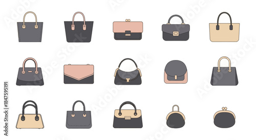 Collection of Handbags and Purses Displayed.