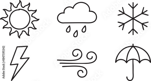 Six hand drawn weather icons sun cloud rain snowflake lightning wind umbrella vector