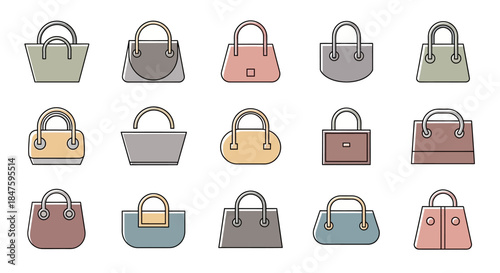 Collection of Handbags in Various Colors.