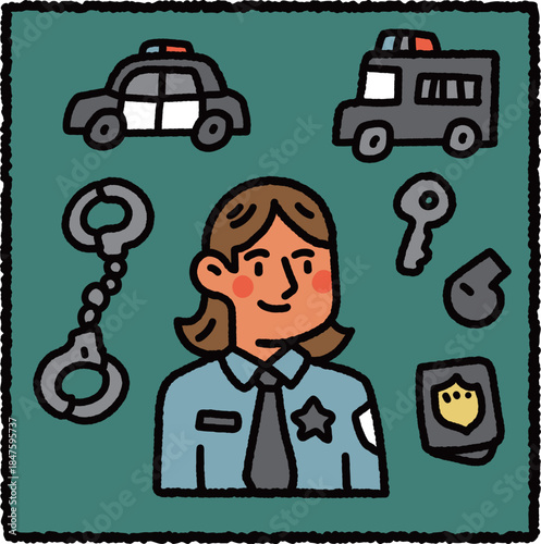 Cute hand-drawn police officer illustration with patrol car, handcuffs and badge – law enforcement profession theme