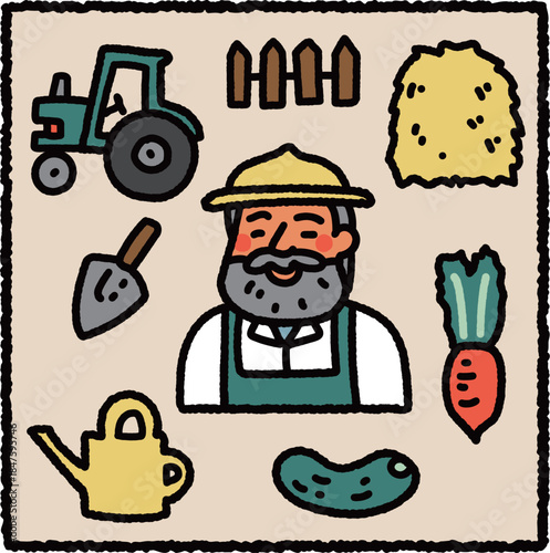 Cute hand-drawn farmer illustration with tractor, vegetables and farming tools – agriculture and rural profession theme