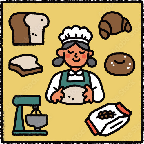 Cute hand-drawn baker illustration with dough, bread and bakery tools – bread making and bakery profession theme