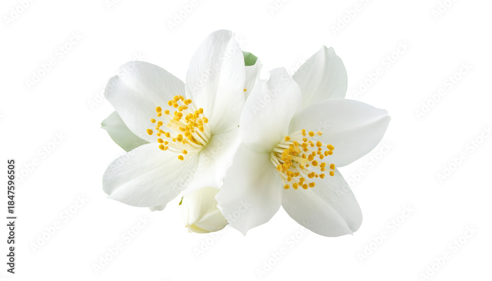 Obraz premium Two white jasmine flowers, with yellow stamens, against a black background, a bud