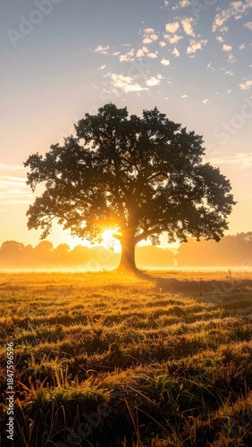Majestic silhouette of a solitary oak tree at sunrise in a misty field.