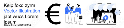Online shopping, finances, business growth, e-commerce, global economy, digital payments. Euro symbol beside professionals shaking hands and a storefront with bags and a cross. E-commerce and global