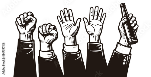 diverse hands raised high expressing unity, protest, and celebration.