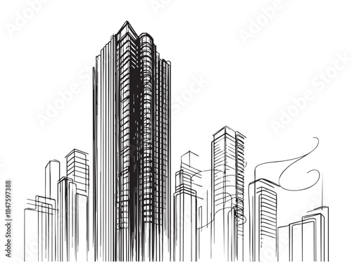 abstract line sketch high-rise building on white background
