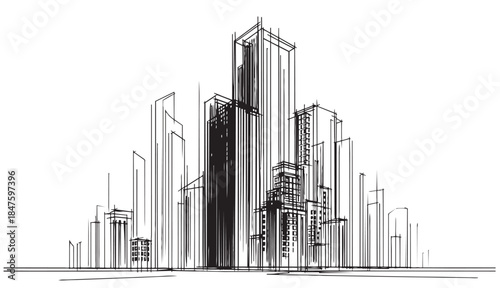 abstract line sketch high-rise building on white background