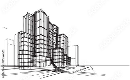 line sketch high-rise building on white background