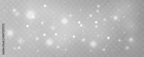 Shimmering white dust sparkles with glitter and glow over blurred bokeh, accented by luminous highlights and festive flare. Christmas and New Year PNG vector illustration.