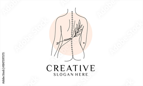 Minimalist Line Art of Human Spine with Botanical Elements for Wellness and Chiropractic.