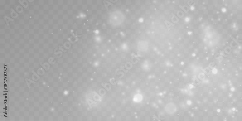 Soft white dust sparkles with glitter, sparks, and shimmer across blurred bokeh, glowing with radiant highlights, twinkle, and flare as light particles create Christmas and New Year magic. PNG vector 