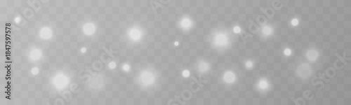 White dust sparkles with glitter, shimmer spark, and glow across soft bokeh and blur, accented by radiant highlights and flare. Festive Christmas and New Year PNG vector illustration.