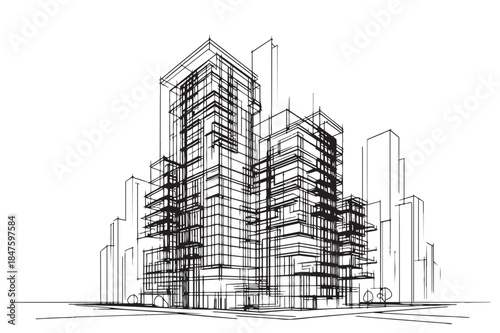 line sketch high-rise building on white background