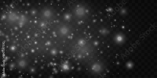 White dust glows softly with glittering sparkle and shimmer across blurred bokeh, enhanced by radiant highlights and warm festive glare. Christmas and New Year PNG vector illustration.