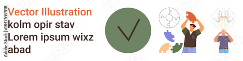 Problem solving, teamwork, collaboration, goal achievement, innovation, strategy planning. Various elements thumbs up a check mark, puzzle pieces and people solving problems. Problem solving