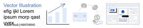 Data visualization, financial management, user interface, business strategy, online transactions, productivity tools. Graph showing growth, payment flowchart website layout. Data visualization