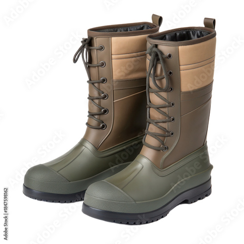 Waterproof rubber boots designed for outdoor activities feature transparent background. These durable boots provide comfort and protection wet