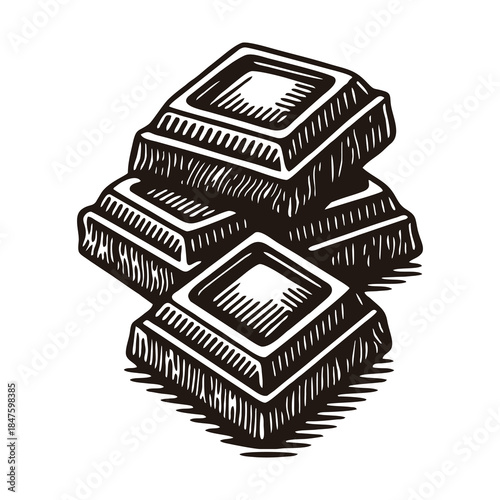 A delicious stack of dark chocolate pieces in woodcut art.