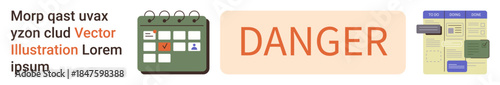 Project planning, risk management, scheduling, workflow optimization, decision-making, task organization. A calendar, danger label and a workflow chart. Planning and risk management concept