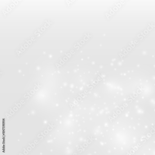 White dust drifts through soft bokeh and blur with glittery sparkle, gentle glow, radiant highlights, and subtle flare, creating magical Christmas and New Year light. PNG vector illustration.